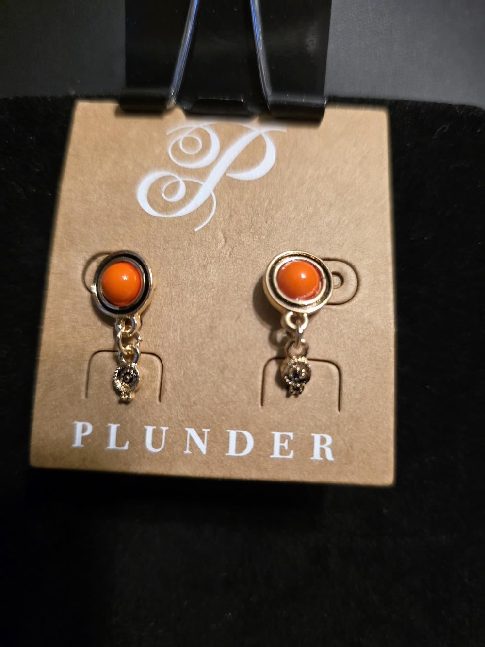 #250 Plunder Gold-Tone Earrings with Bright Orange Cabochons